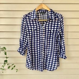 Navy and white checked button down
